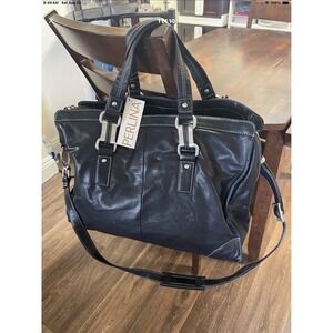 Perlina New York Black Leather Satchel Bag Contrast Stitching Silver Hardware